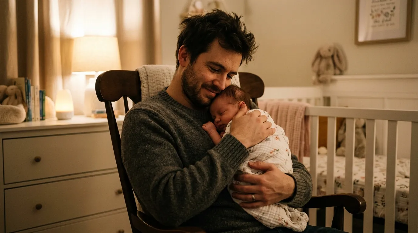 A tired but loving young father holding a sleeping newborn baby girl
