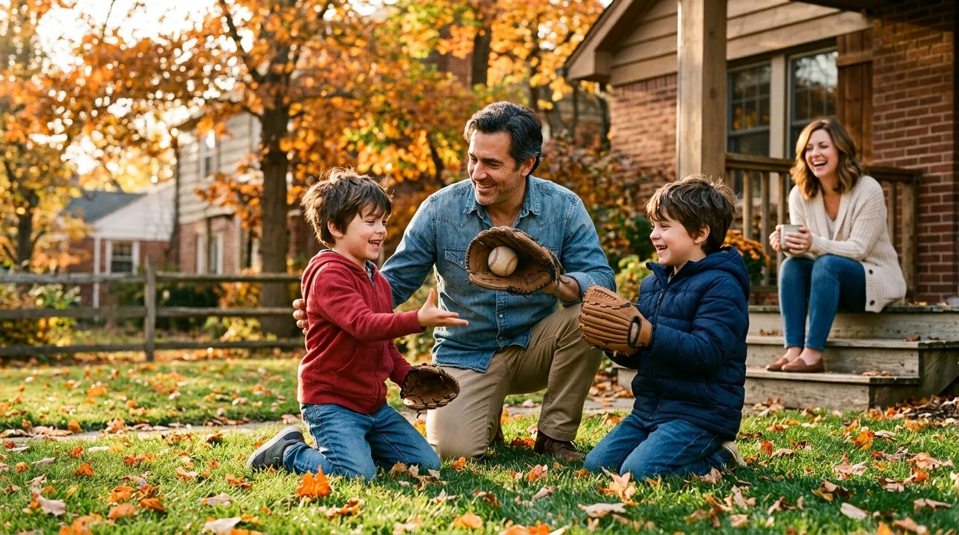 Father joyfully playing catch with his two young twin sons in an autumn yard while mother looks on from the porch