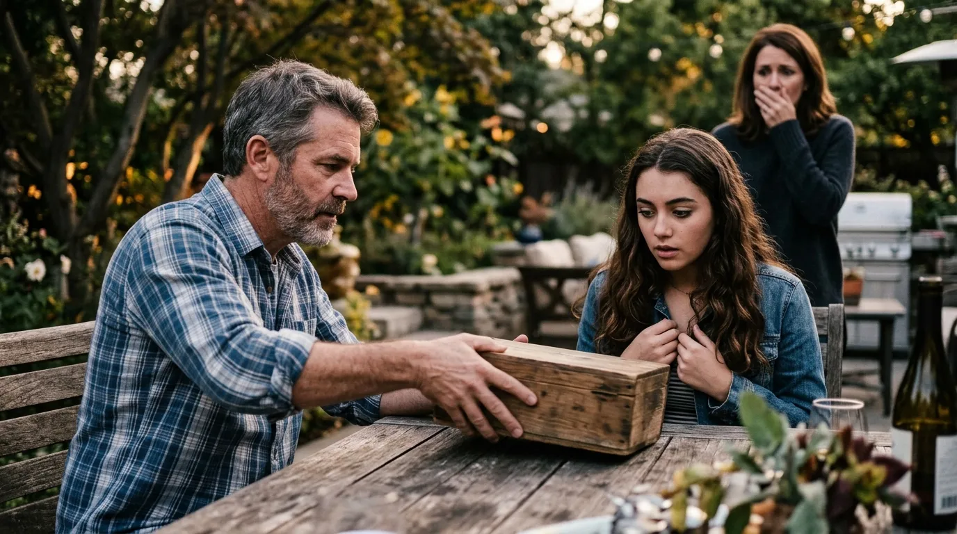 A middle-aged father with greying hair gently sliding an old wooden box toward his eighteen-year-old brunette daughter at a backyard table