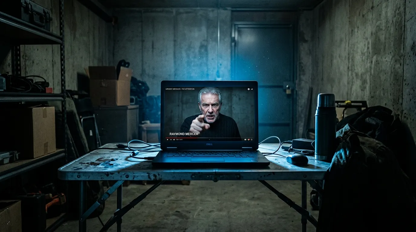 A glowing laptop screen inside a dim storage unit revealing a video of Raymond Mercer pointing toward the viewer