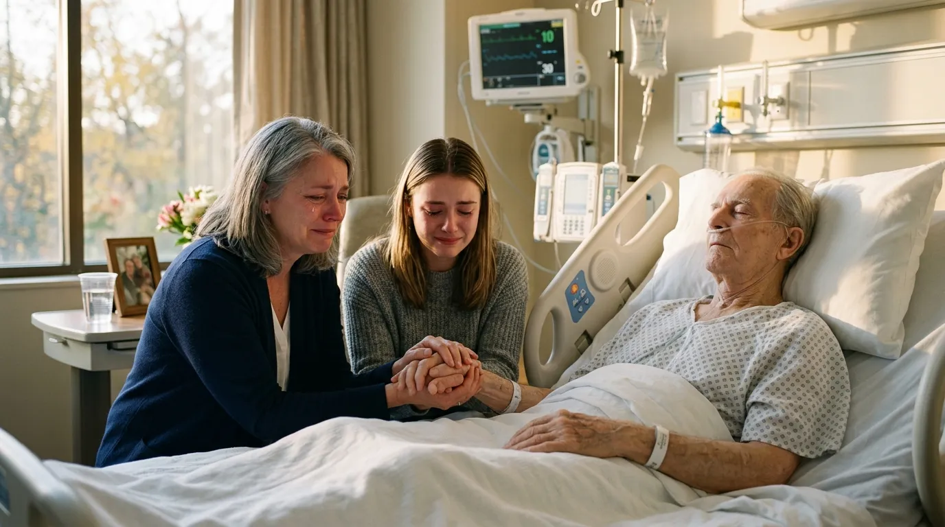 Mother and daughter sitting beside an elderly man's hospital bed holding his hands