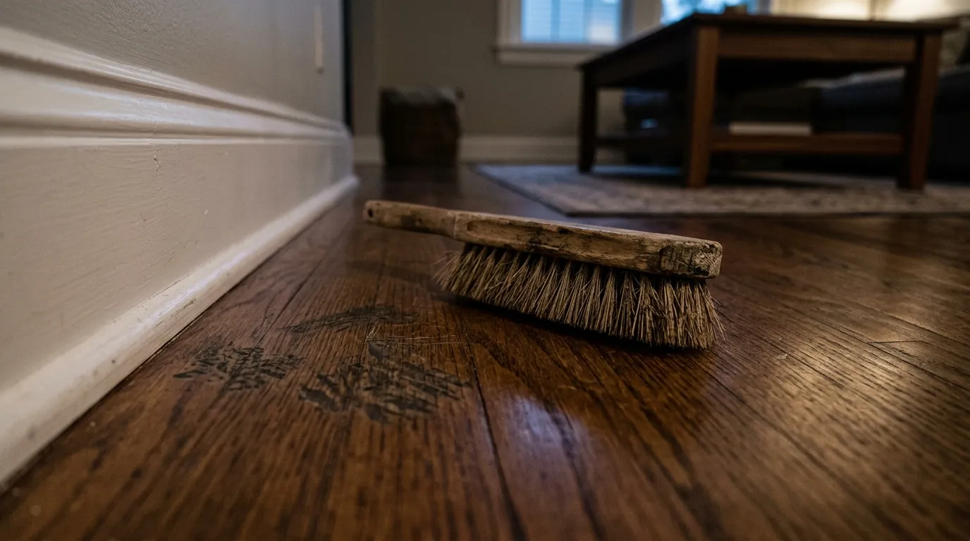 A wooden scrub brush lying on a hardwood floor next to a scuff mark