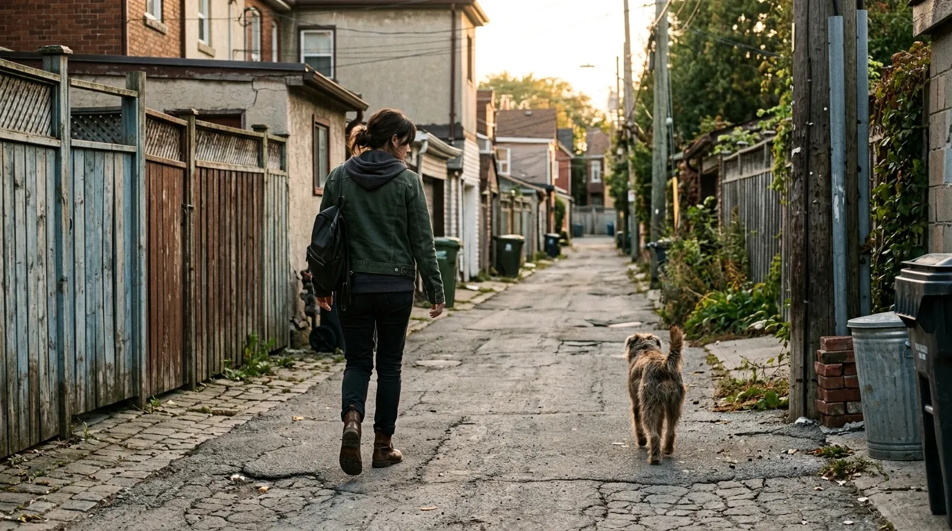A woman discreetly following a scruffy dog down a narrow, older suburban street.