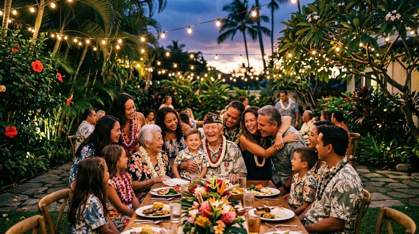 Large multi-generational Hawaiian family celebrating with an elderly veteran in an outdoor courtyard