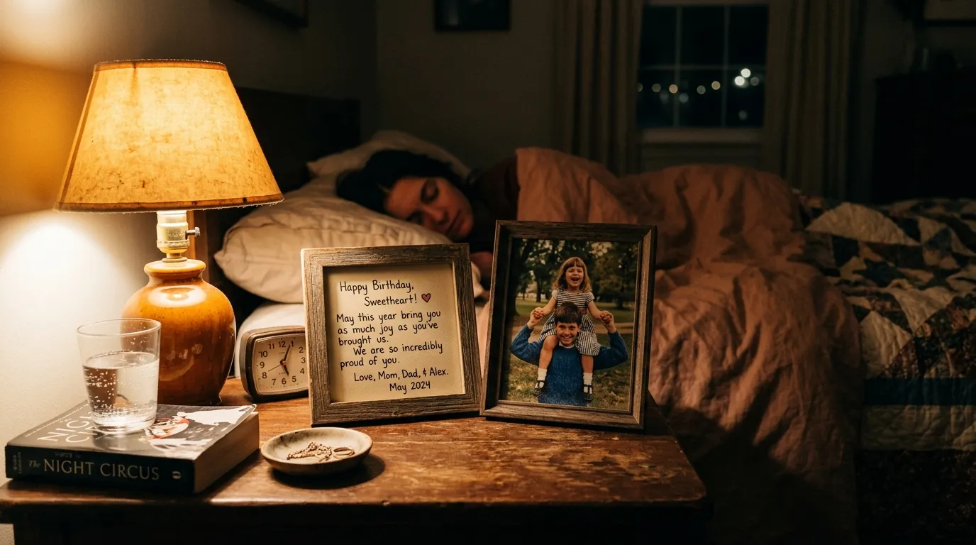 A framed handwritten birthday card resting on a bedside table beside a warm lamp