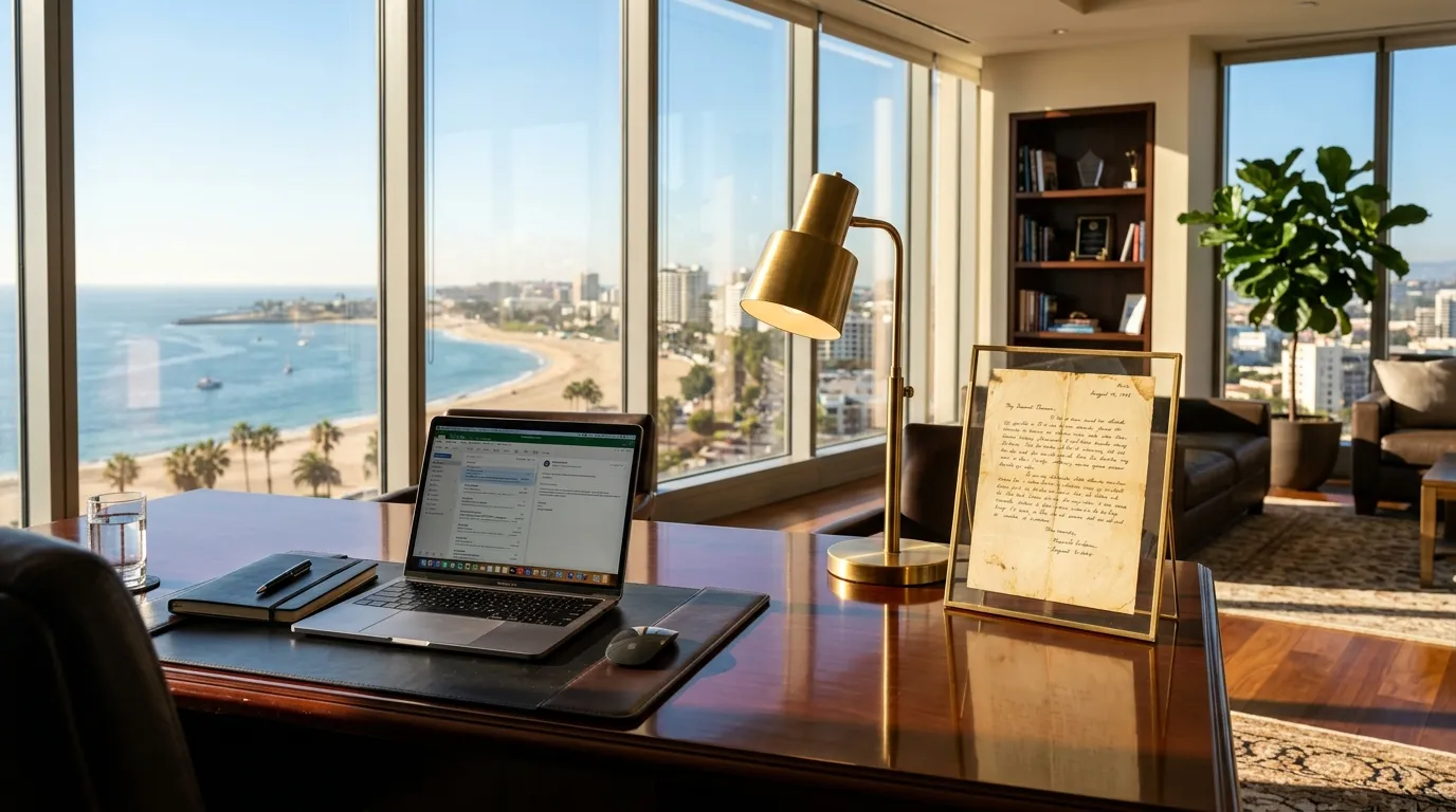 An executive office desk with a yellowed, returned letter framed in glass beside a computer monitor