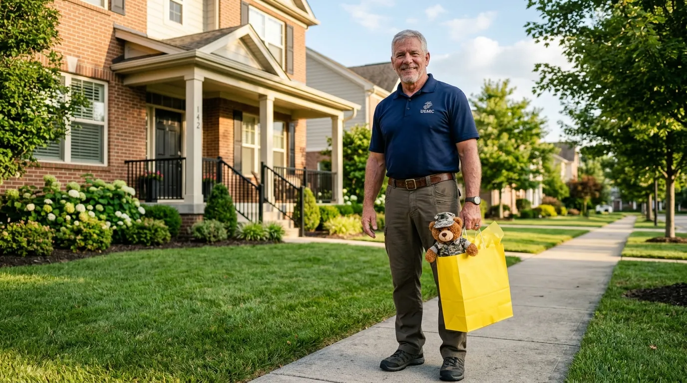 Older man holding a yellow gift bag with a camo teddy bear outside a suburban home