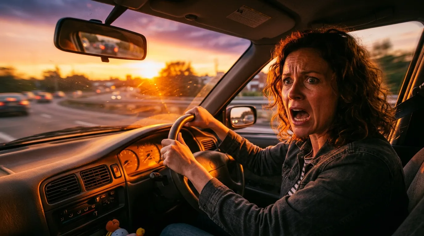 Mother driving frantically in her car as the sun sets