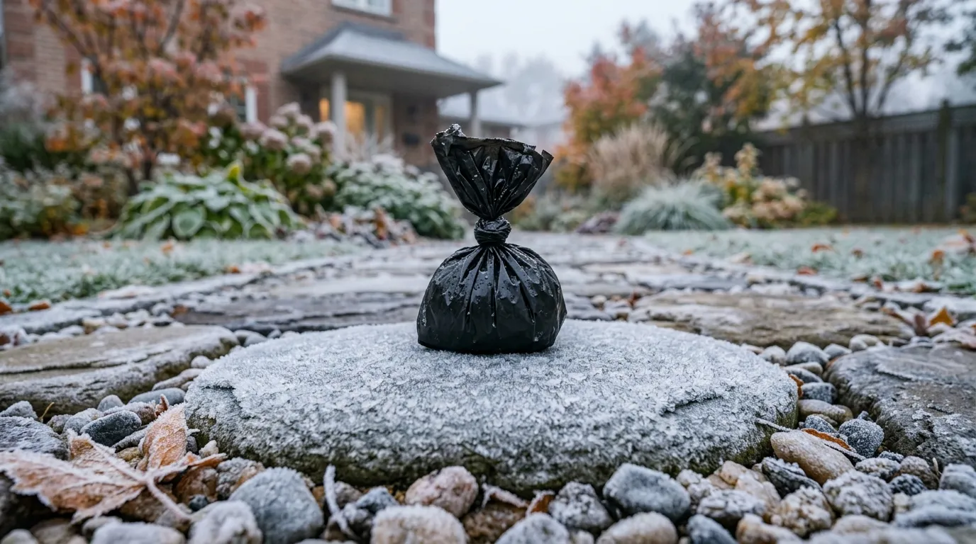 Neatly arranged decorative stones on a frosty morning walkway