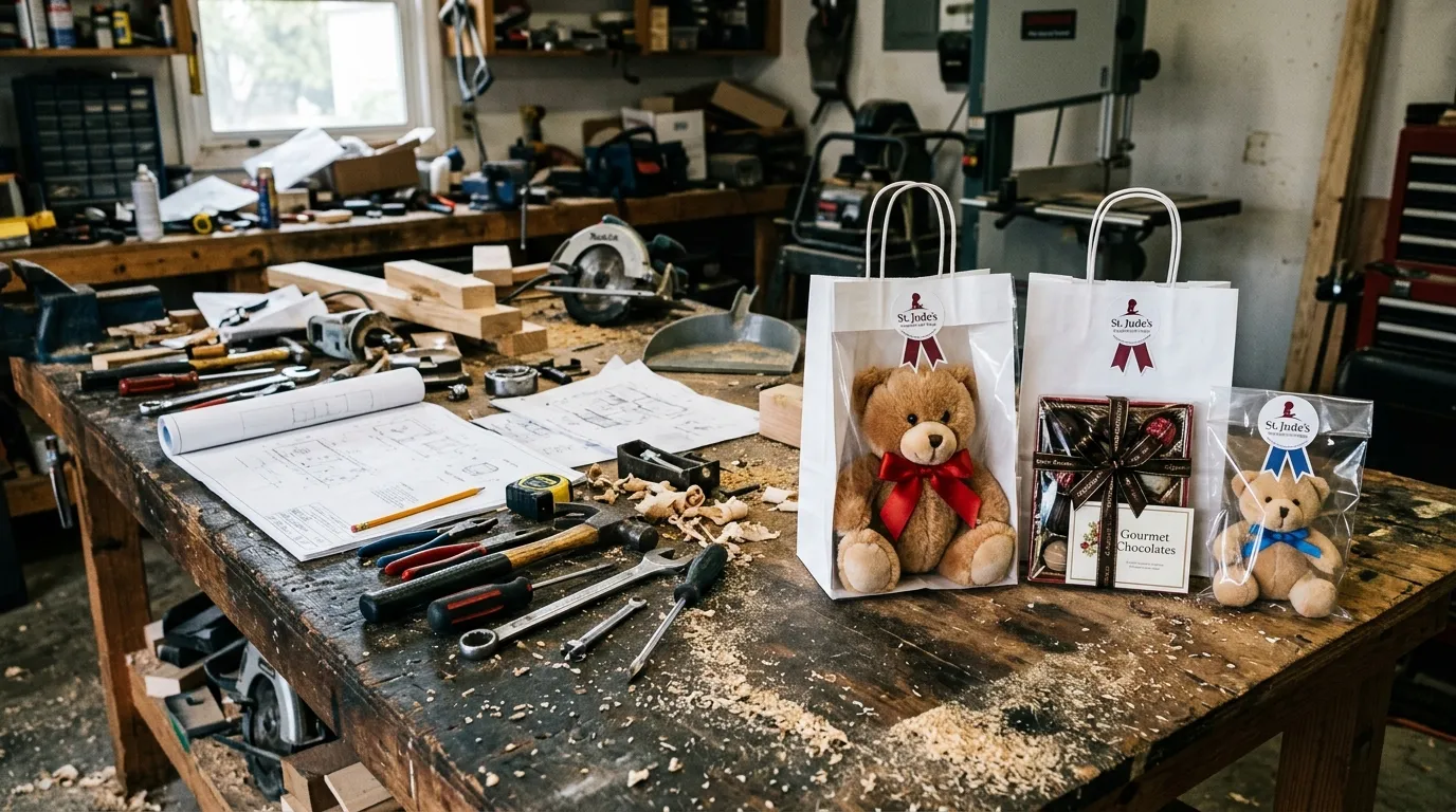 Pristine hospital gift bags sitting on a dusty, tool-covered garage workbench