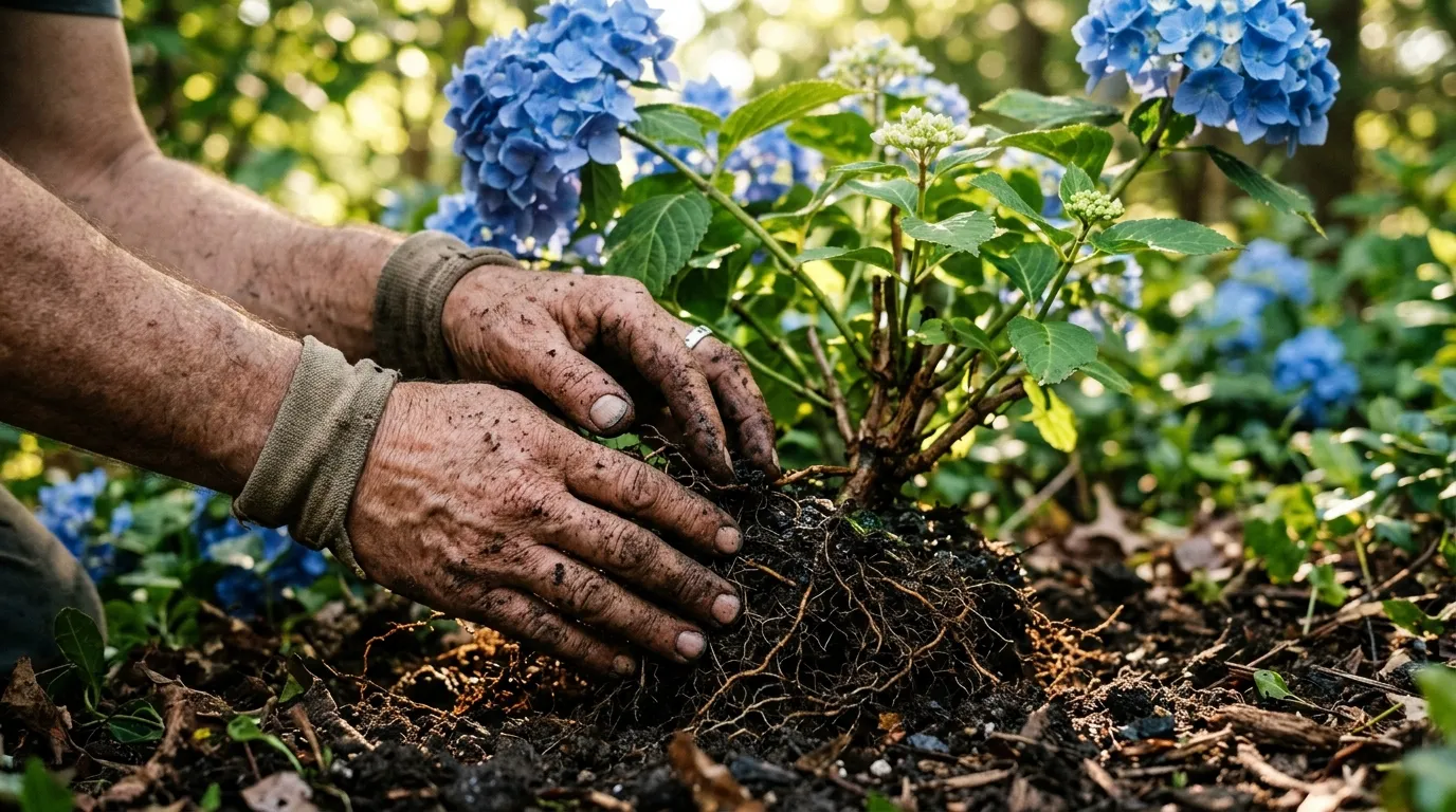 Gardener's hands covered in rich soil tending to vibrant blue hydrangeas