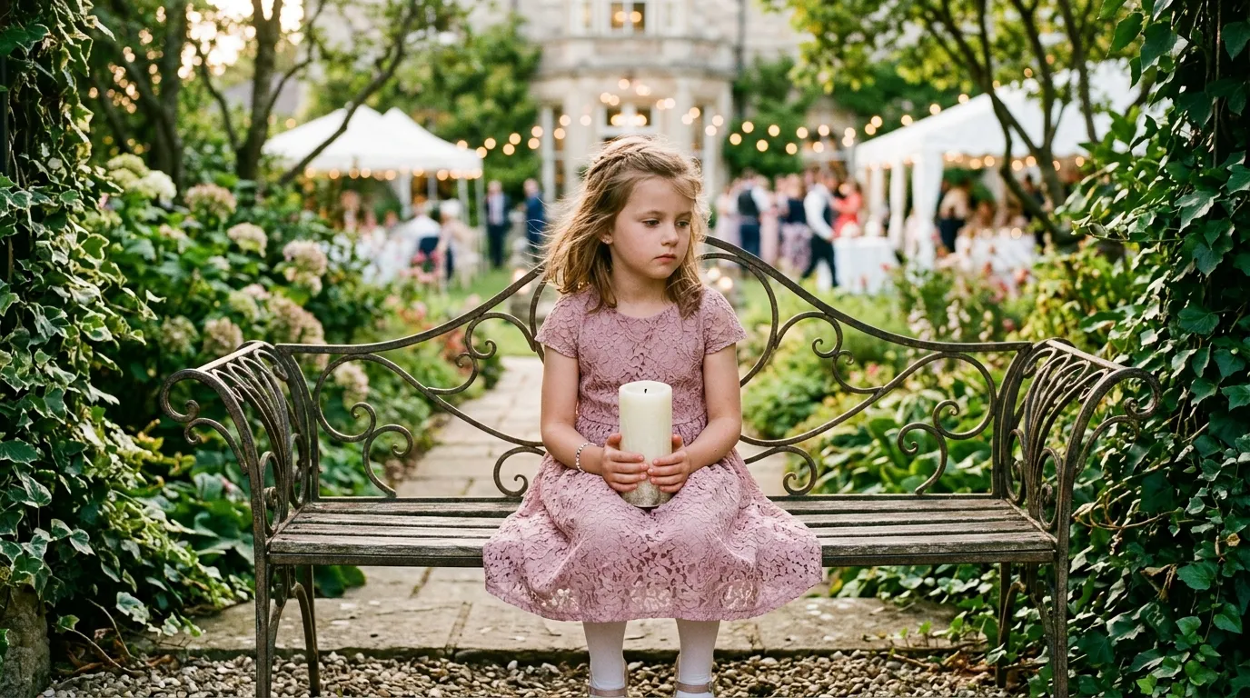 A young girl sitting on a garden bench holding a white unlit candle.