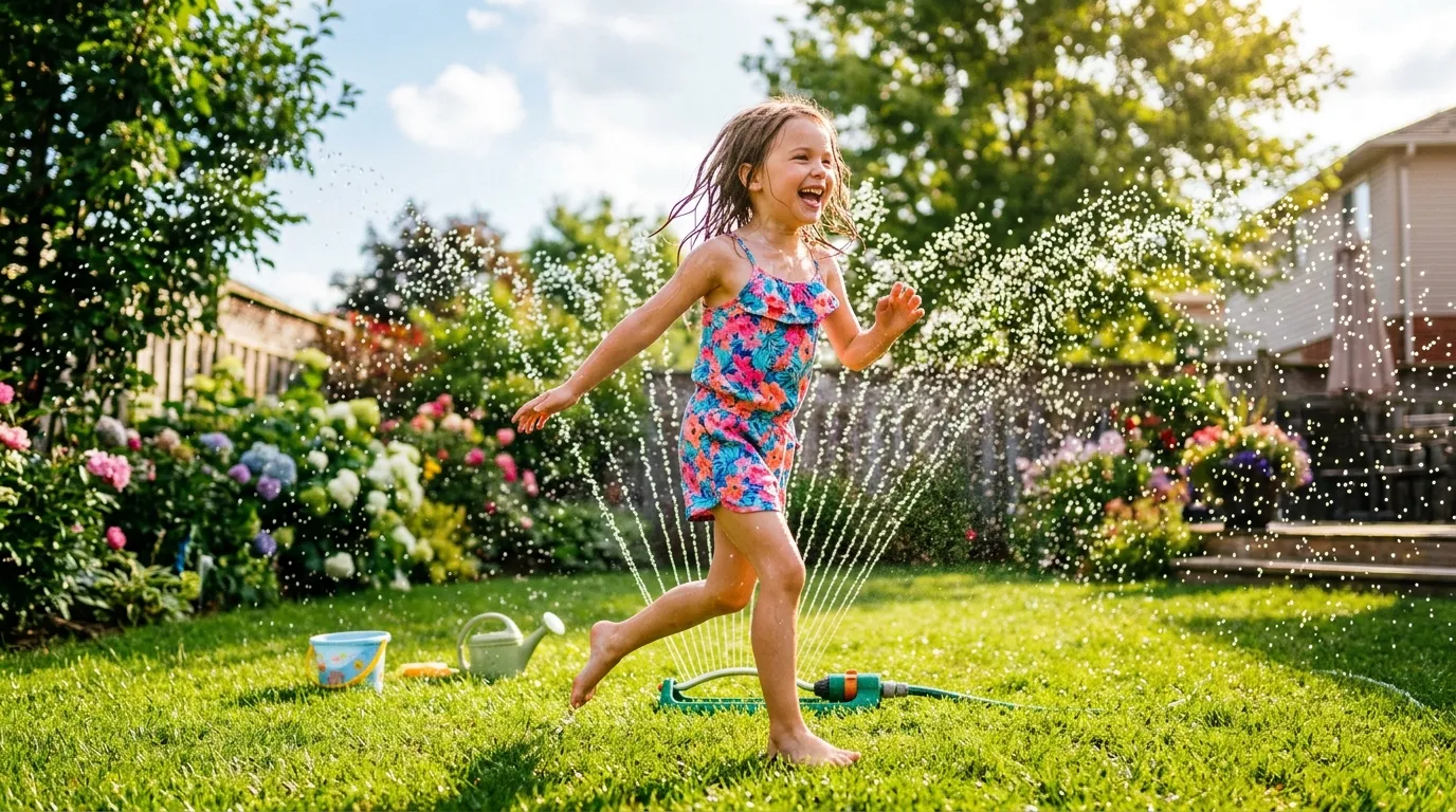 A joyful young girl laughing and running freely through a backyard water sprinkler on a sunny day