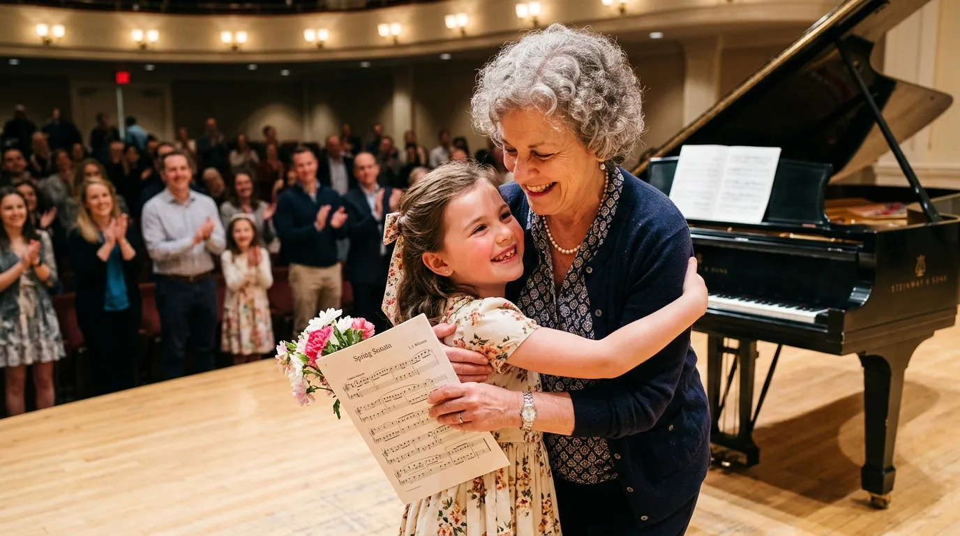 A grandmother and granddaughter hugging at a piano recital