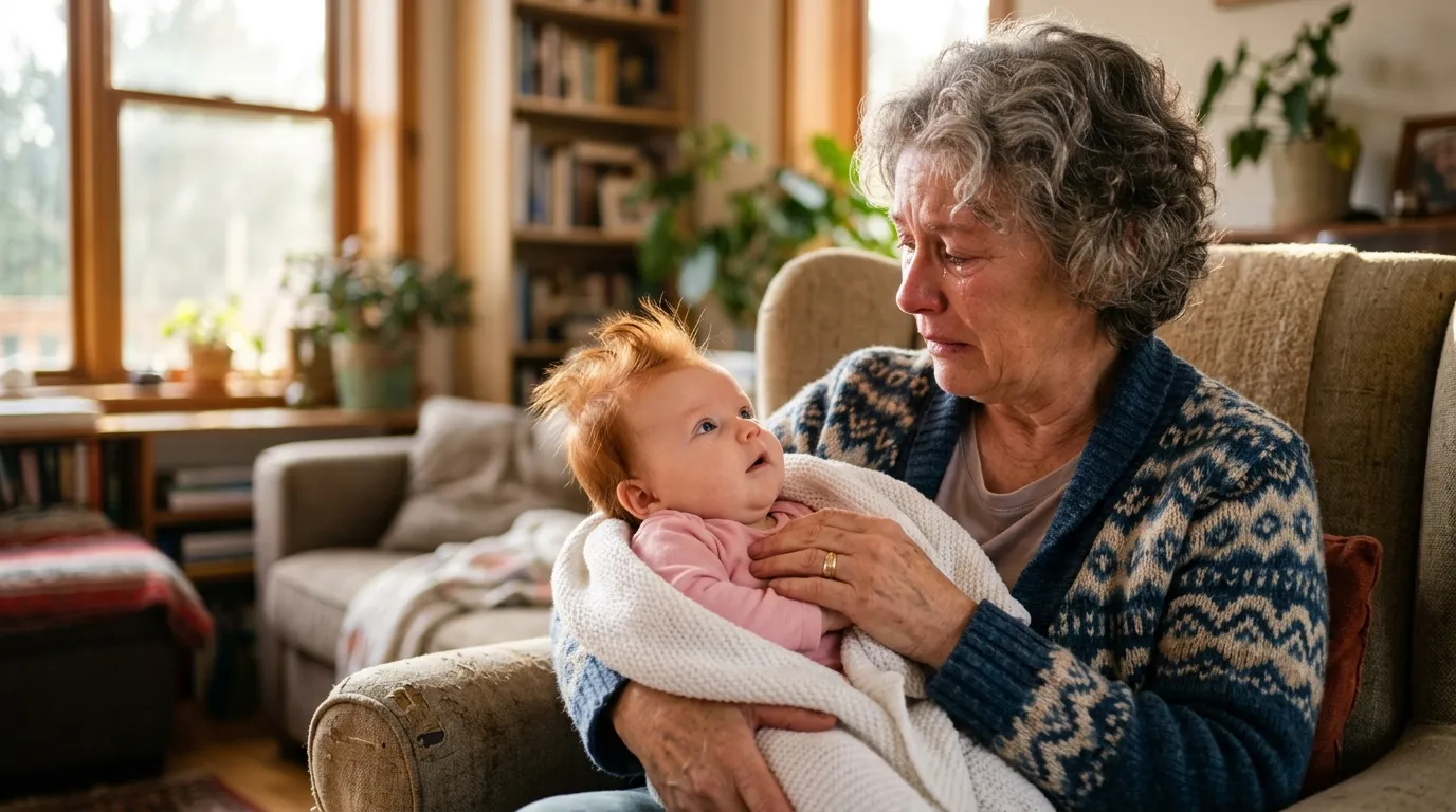 Grandmother gently holding her newborn granddaughter with bright red hair in a living room