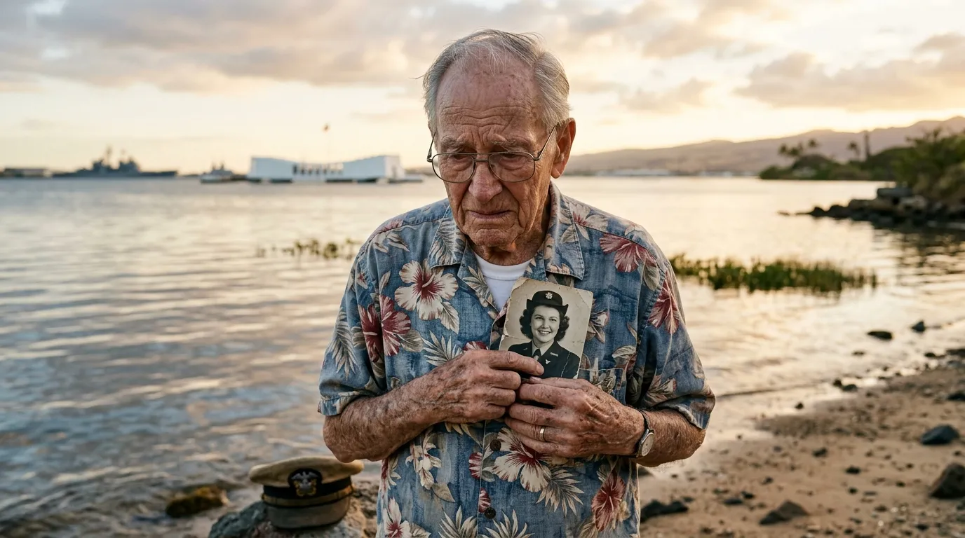 Elderly grandfather in a hibiscus shirt holding a vintage photograph beside the Hawaiian harbor