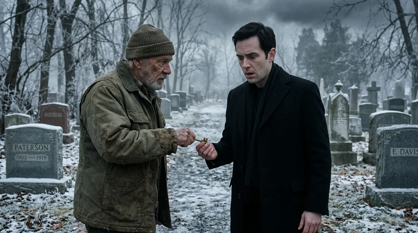 An elderly gravedigger discreetly handing a stamped brass key to a shocked man in an icy cemetery