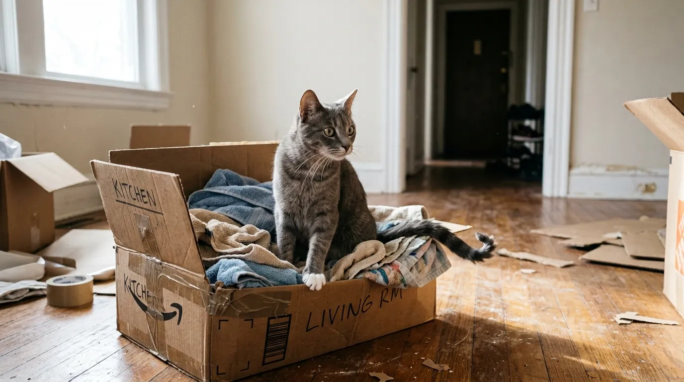 Slender gray cat with one white paw sitting vigilantly inside an open cardboard box in an empty apartment