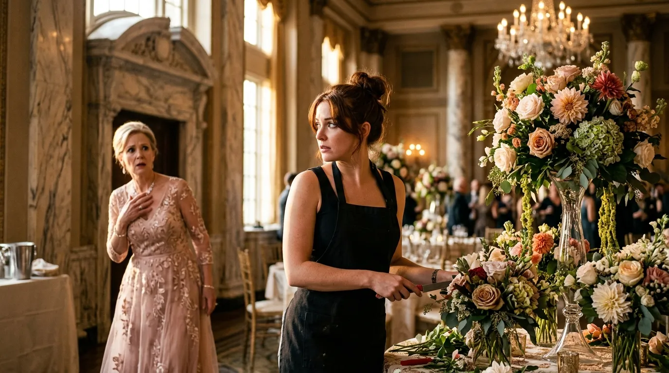 Florist arranging flowers while spotting her former mother-in-law across the ballroom