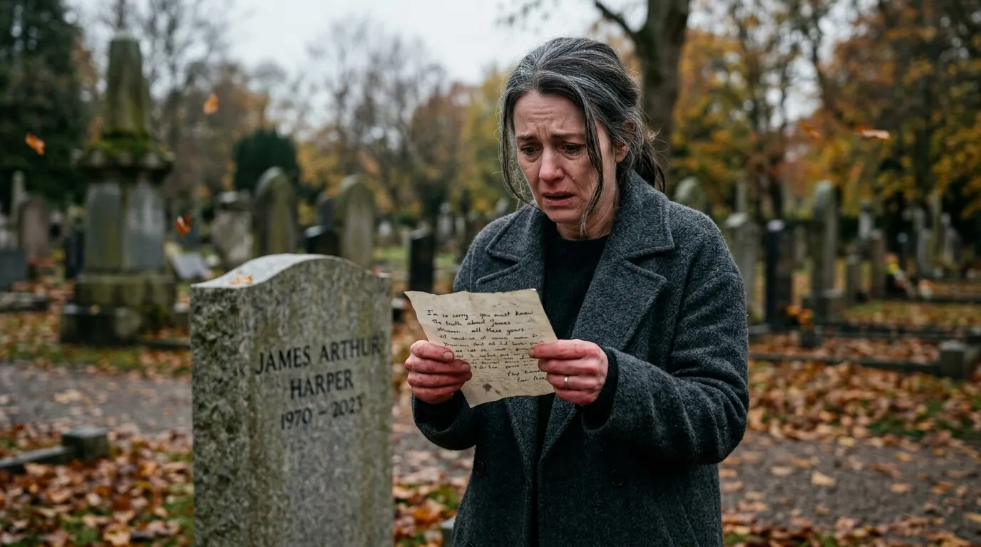 Laura, a grieving mother with dark hair, staring at a handwritten letter in an autumn cemetery.