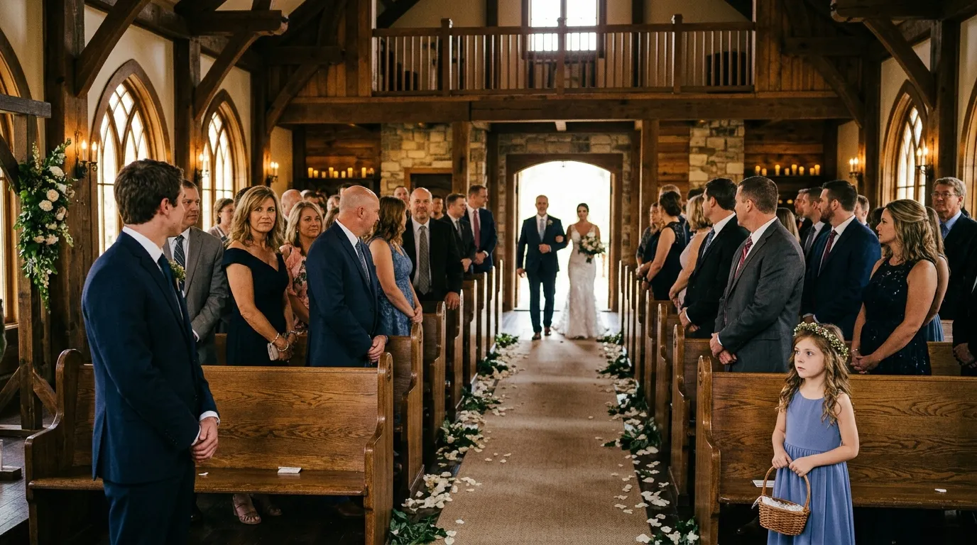 Groom at the wedding altar looking emotionally toward the aisle with a small flower girl nearby