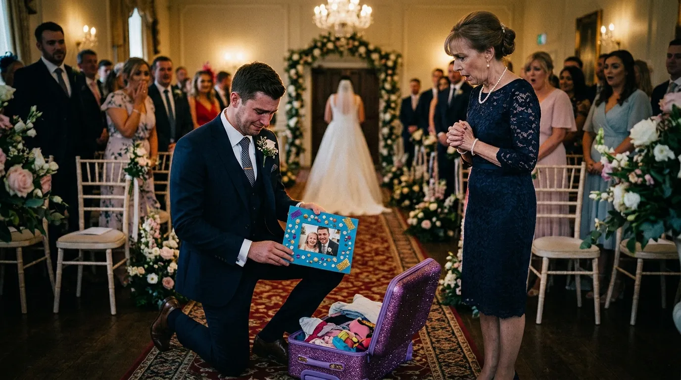 Groom kneeling down opening a child's purple suitcase revealing a handmade photo frame