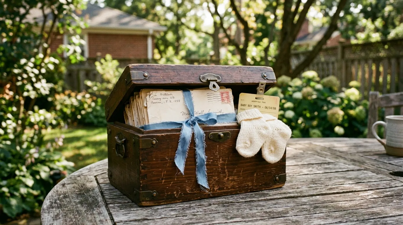 Handcrafted dark wood memory chest sitting open on an outdoor patio table, filled with letters and newborn keepsakes