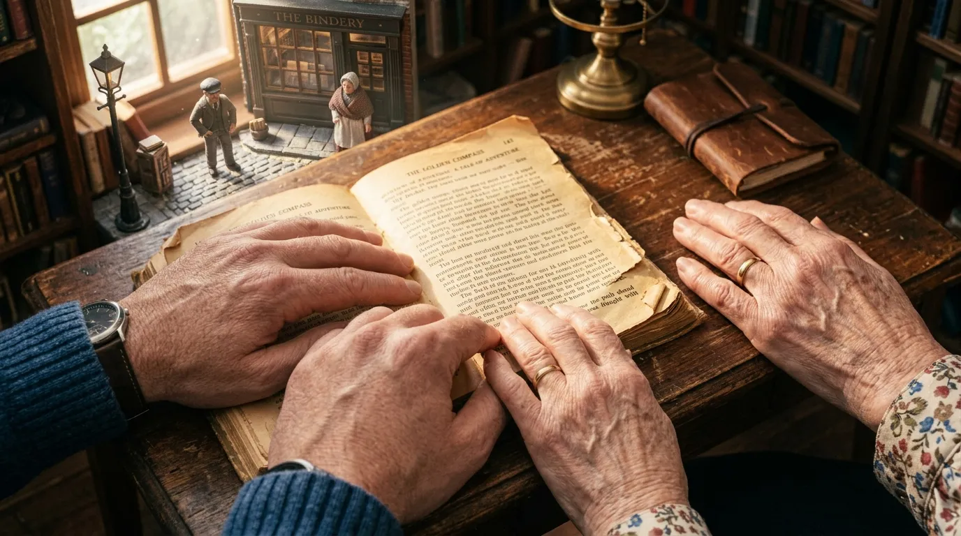 Two hands resting gently on an open worn paperback book on a library table.