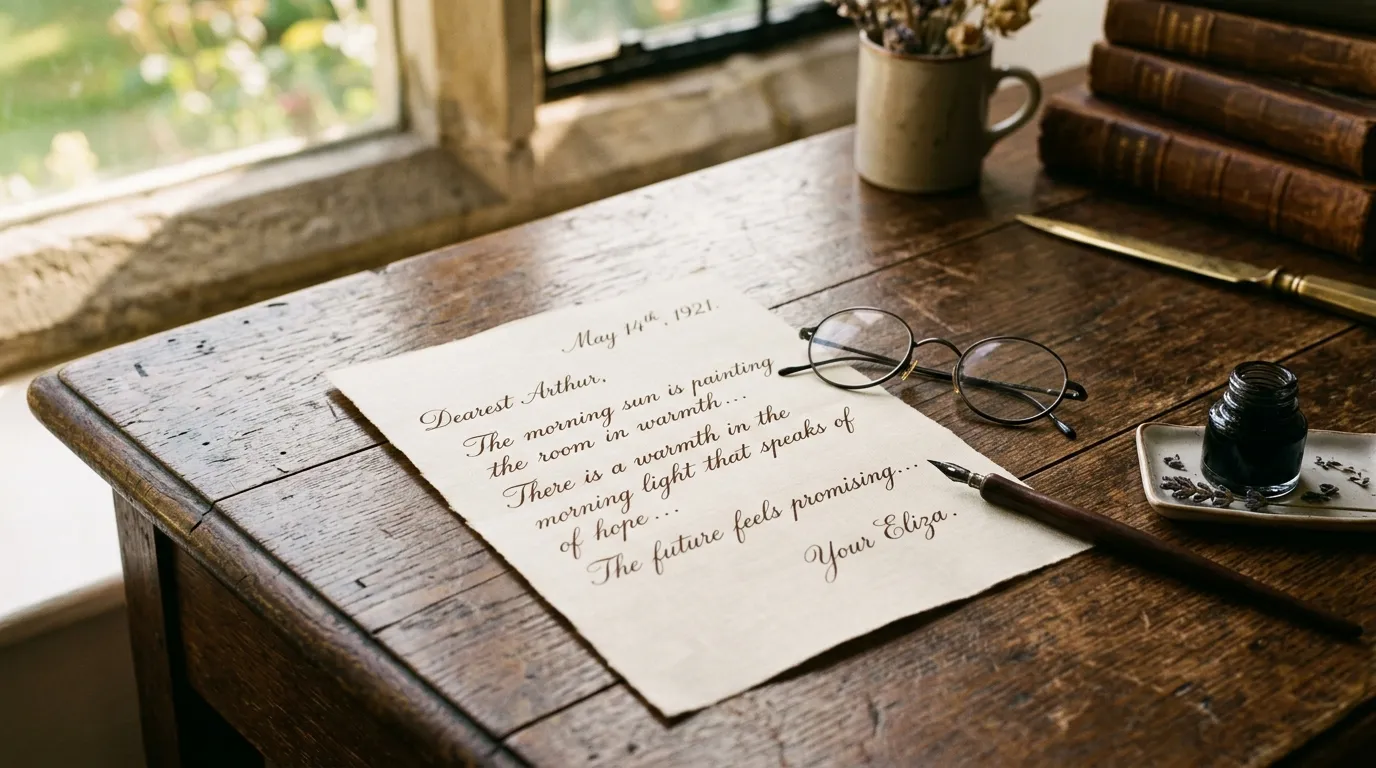 A handwritten letter resting on an antique wooden desk bathed in soft golden light