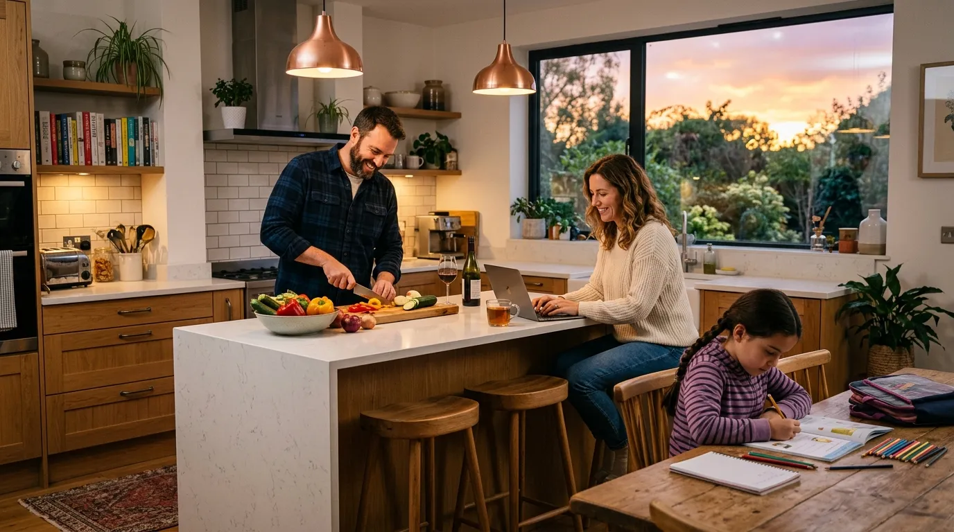 Husband chopping vegetables in the kitchen while his wife works on a laptop and daughter does homework