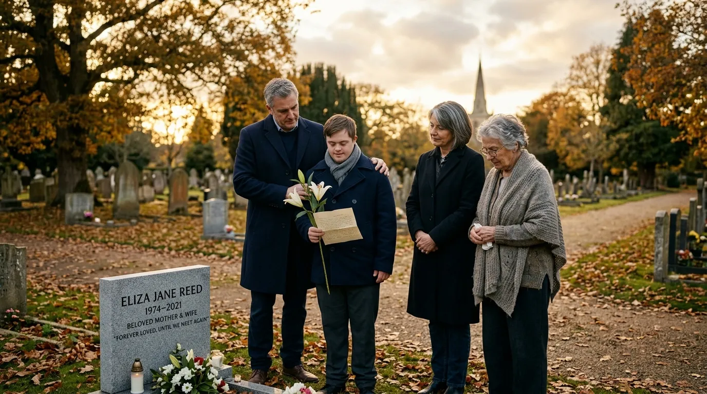 A father, son with Down syndrome, and two elderly women standing peacefully beside a cemetery headstone with white flowers