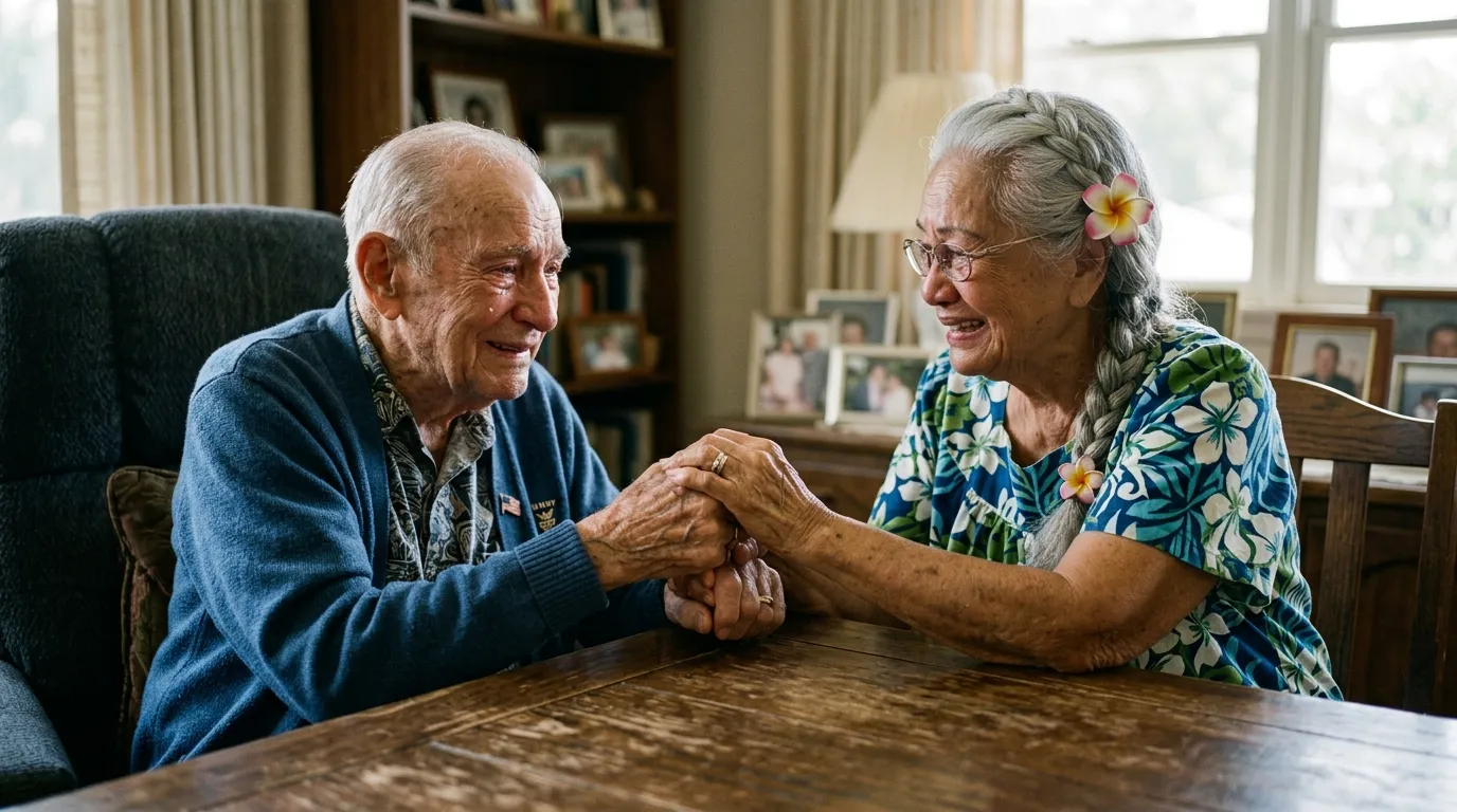 Elderly veteran and 91-year-old Hawaiian woman holding hands with deep emotion in a sunlit room