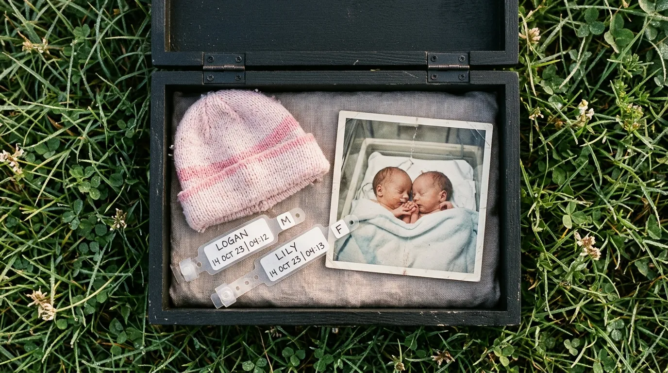 Open black box revealing tiny knitted baby cap, two hospital bracelets, and an emotional photograph of newborn twins