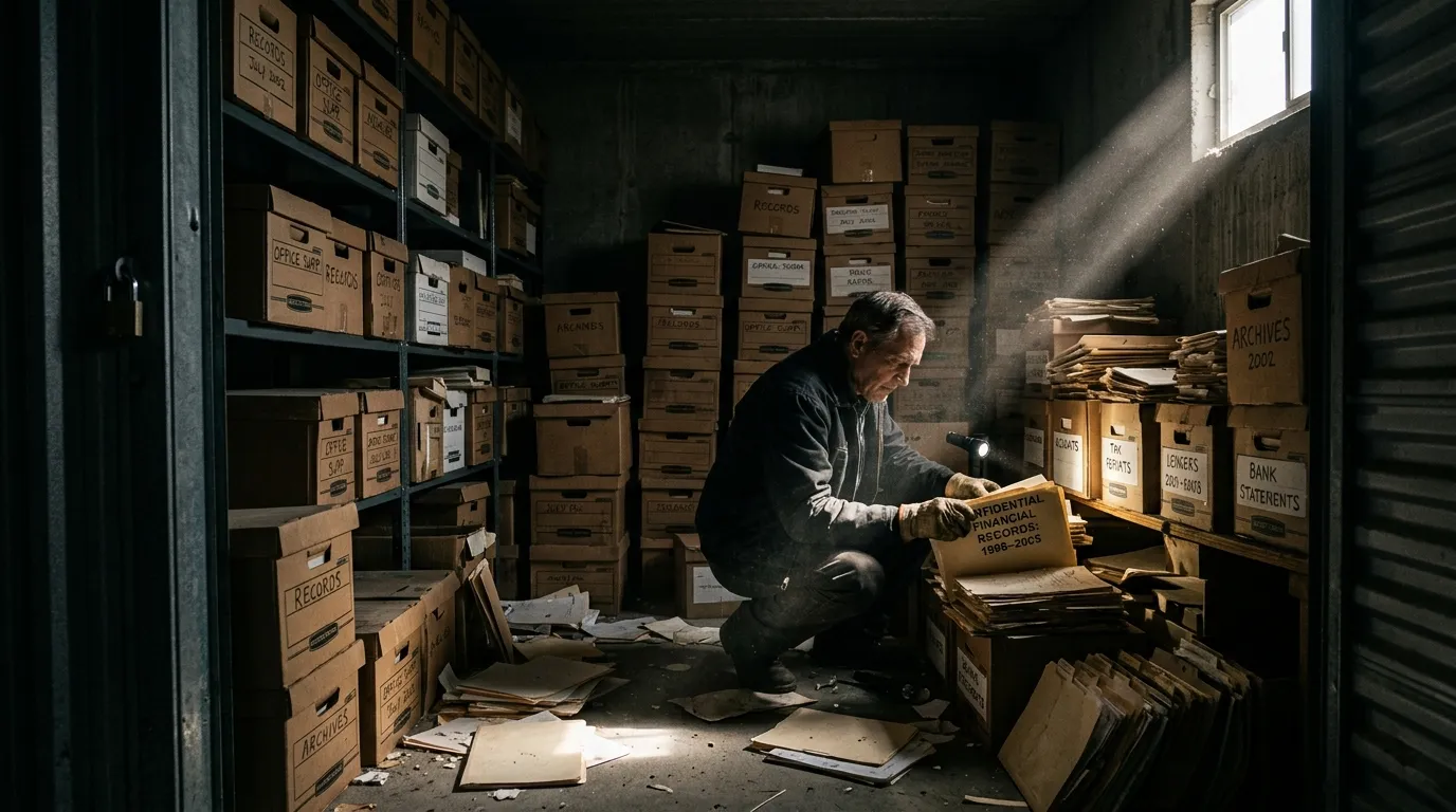 A dusty, dimly lit indoor storage unit filled with stacked boxes, revealing stacks of hidden financial paperwork