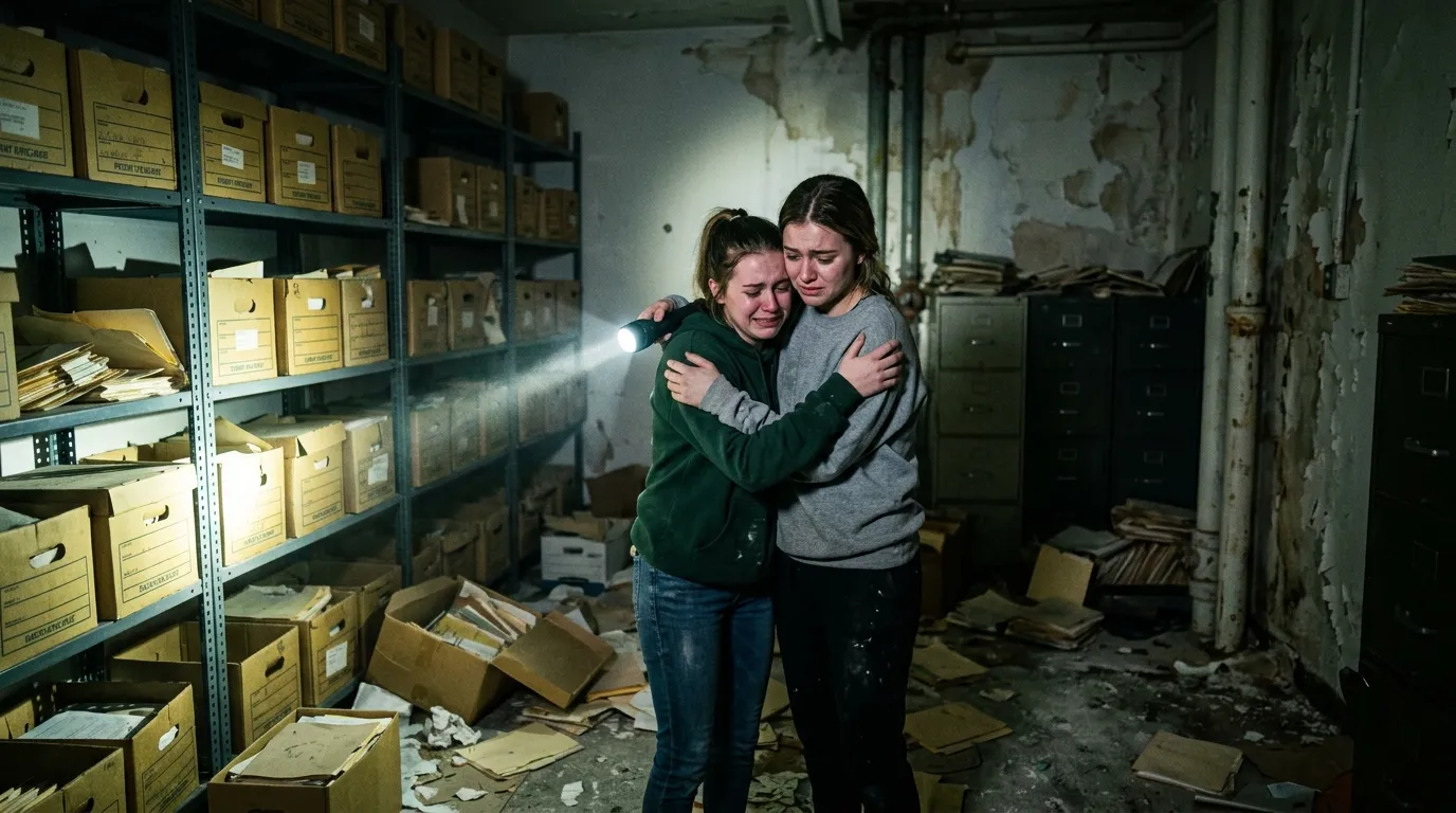 Two eighteen-year-old sisters embracing tightly in a dusty hospital archive room.
