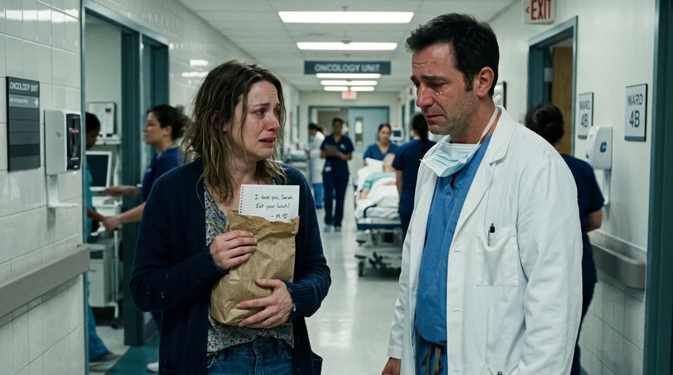 Wife looking distressed in a hospital corridor holding a lunch bag while talking to her husband's colleague