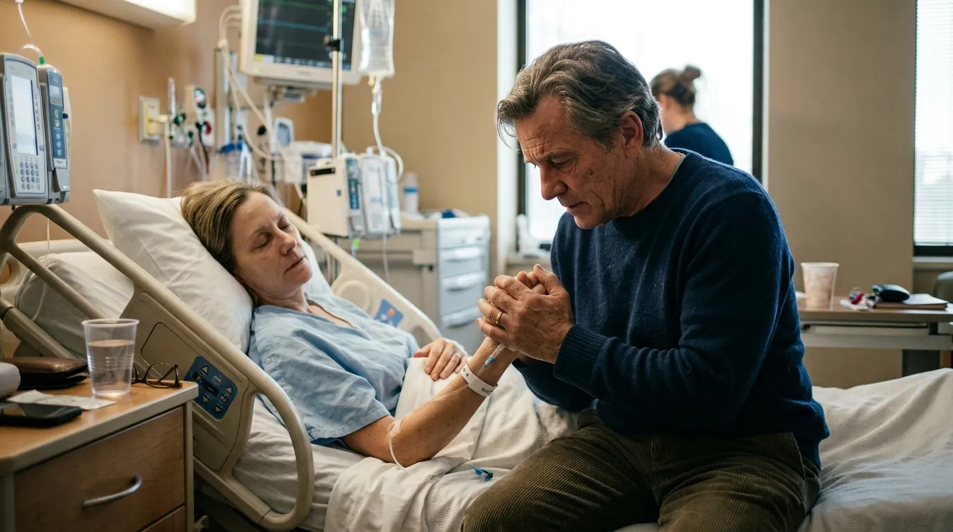 A husband holding his wife's hands tightly on a hospital bed