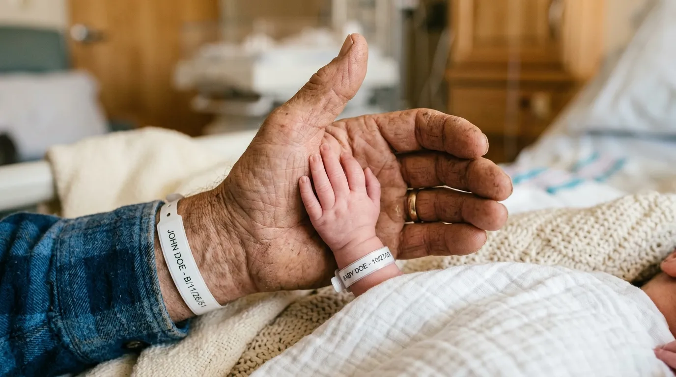 An older man's large hand holding the tiny fingers of a newborn baby in a hospital room
