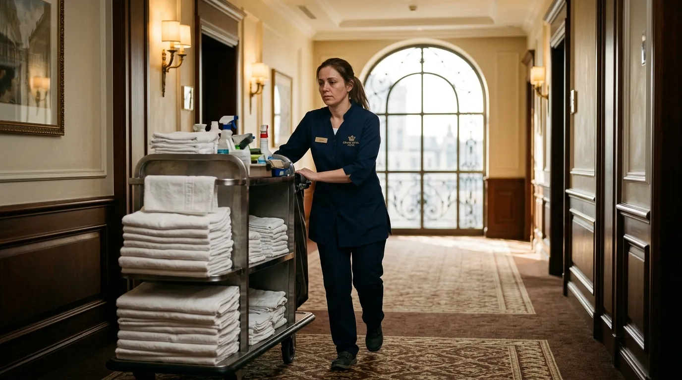 Rachel pushing a hotel housekeeping cart down an elegant hallway in morning light