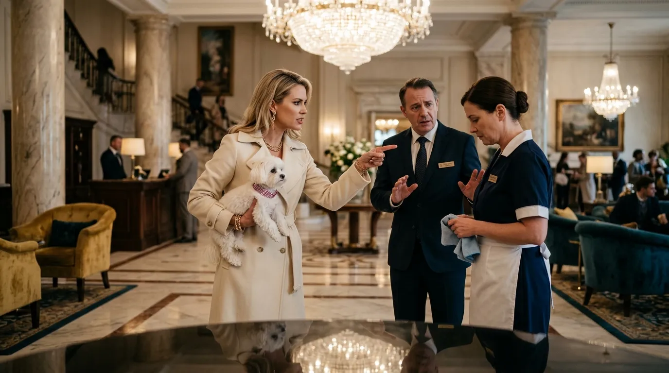 Wealthy hotel guest holding a small white dog while accusing a housekeeper in a luxury lobby