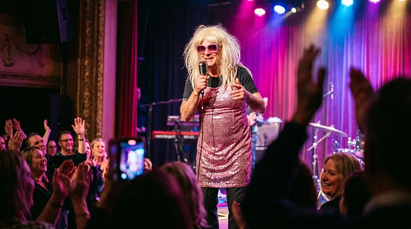 A man on stage in a sparkly dress and blonde wig performing for a crowd