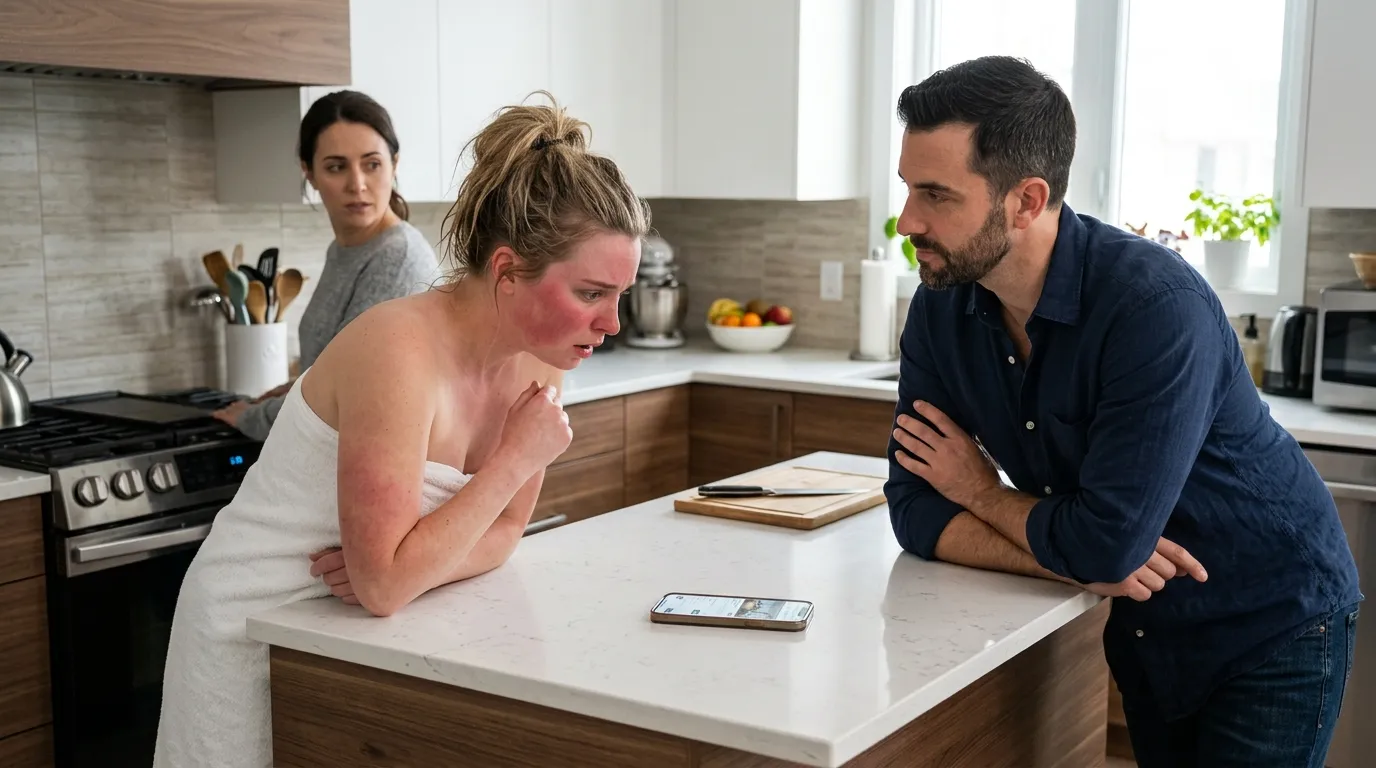 A calm husband leaning against the kitchen counter showing apartment listings on his smartphone to his sister-in-law.