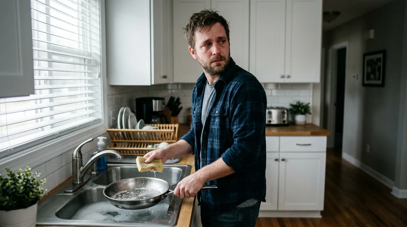 Man standing with his back to the room at a kitchen sink holding a sponge, looking over his shoulder with grief and tension