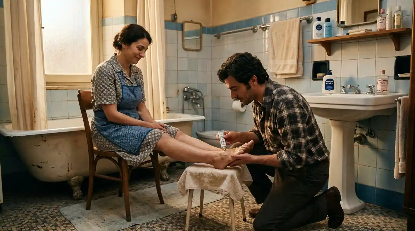 A vintage flashback of a young man gently washing and applying cream to his wife's tired feet