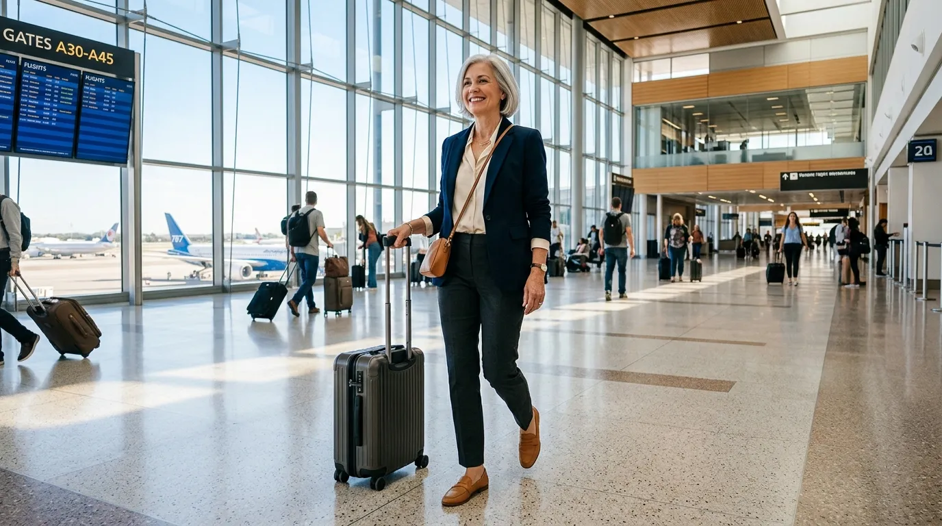 Confident older woman pulling a suitcase into an airport terminal alone