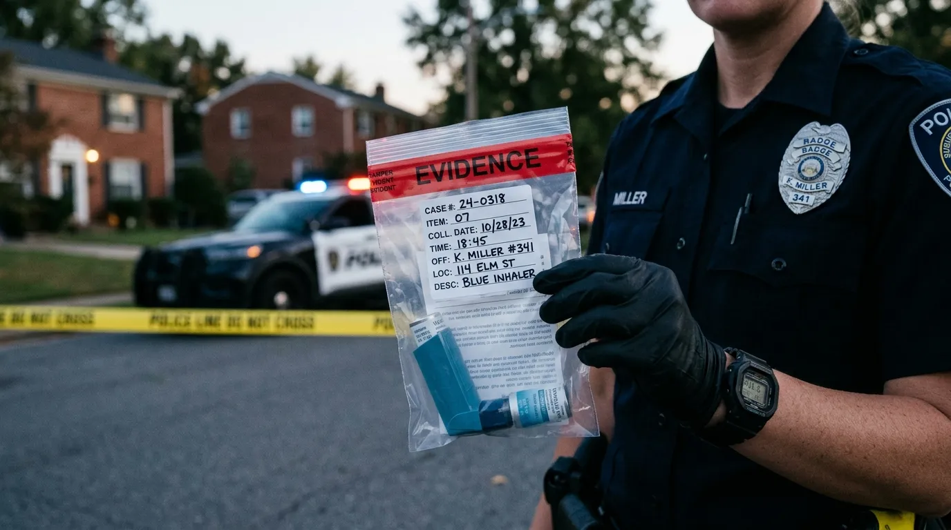 A blue asthma rescue inhaler sealed inside a clear plastic police evidence bag