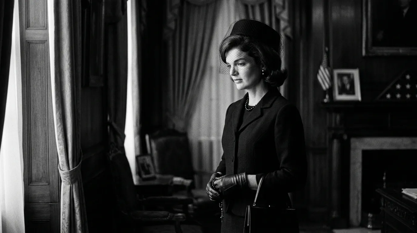 Jackie Kennedy in dark mourning attire standing stoically in a softly lit room
