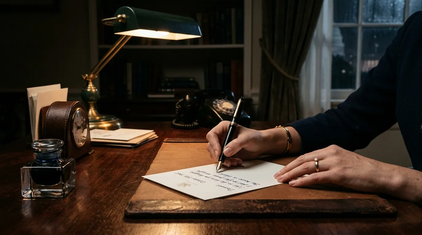 Close up of a woman's hands writing a letter with a fountain pen on a mahogany desk