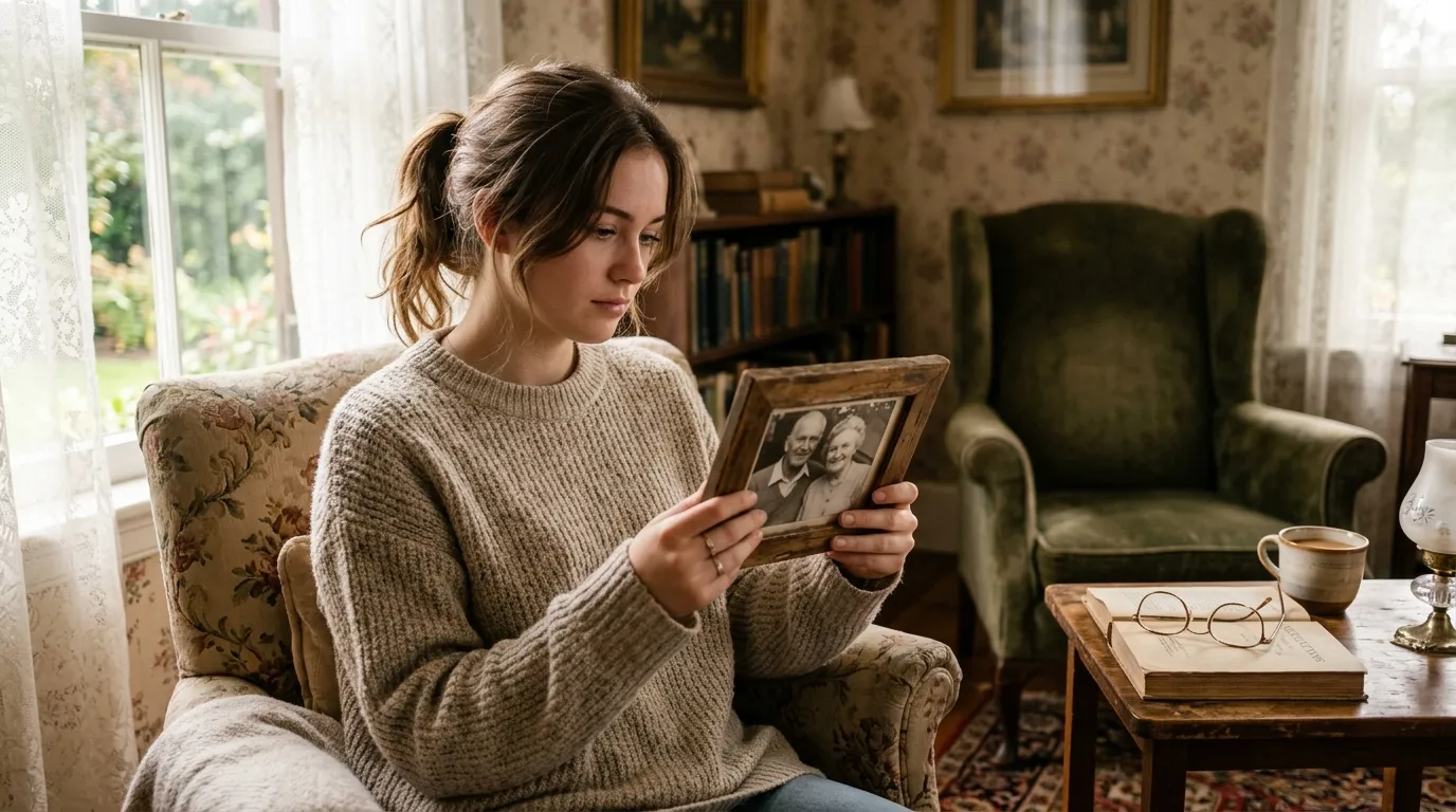 Jenna sitting alone in her late grandmother's quiet living room holding a framed photo