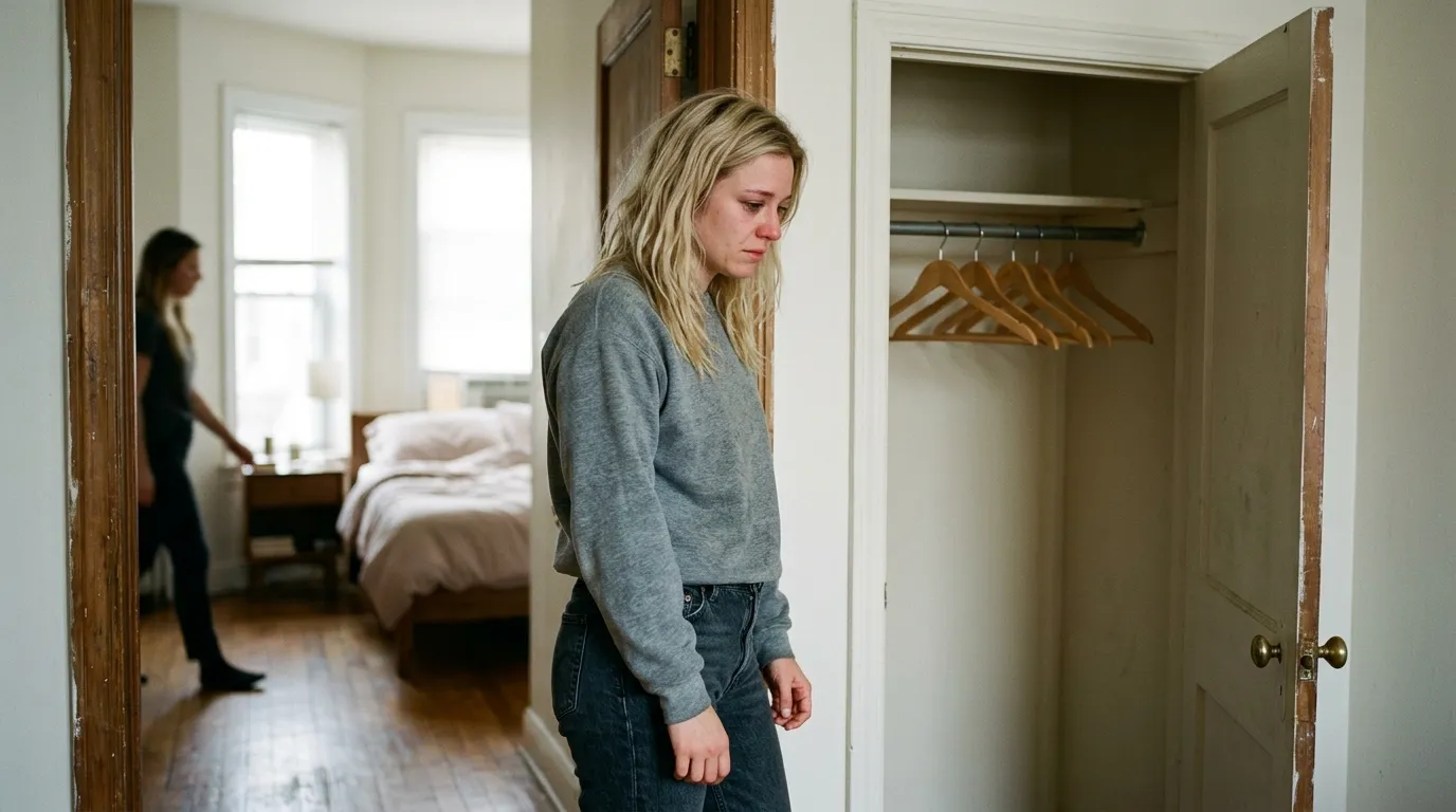 A young blonde woman standing thoughtfully in the doorway of a modest rental bedroom looking down at an empty closet.